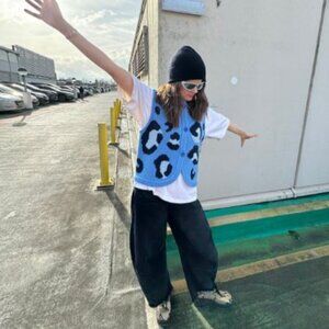 NEW Slow Love Gilet Blue Leopard Animal Print Wooll Vest Sz S/M